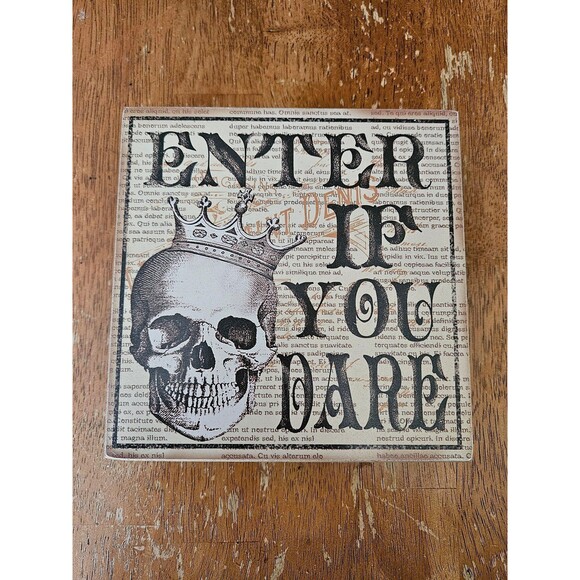 Halloween Wooden Sign Decor New Enter If You Dare Skull Creepy Skeleton - Picture 1 of 7